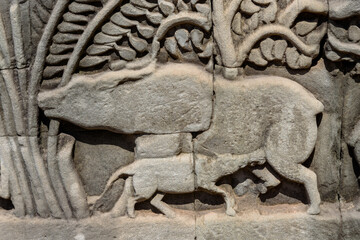 Bas-relief Sculpture at Bayon temple in Angkor Thom, Siem Reap, Cambodia.