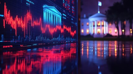 Obraz premium closeup view of a stock market chart declining contrasted with the iconic white house and an american flag blurred in the background utilizing red and blue hues to evoke a sense of urgency