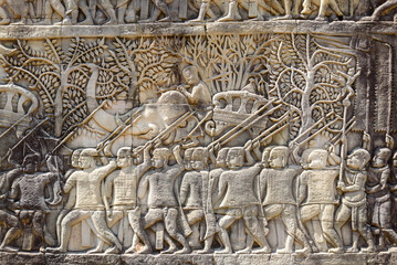 Bas-relief Sculpture at Bayon temple in Angkor Thom, Siem Reap, Cambodia.
