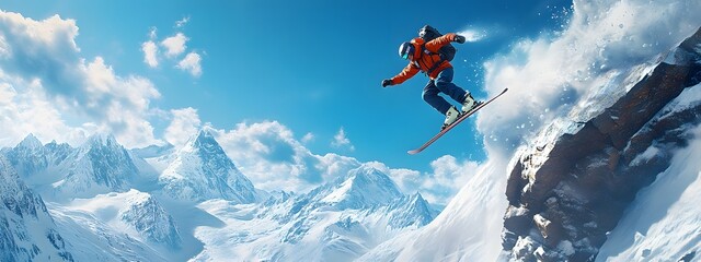 A skier in mid-air, leaping off an icy cliff with snow-covered mountains and blue sky behind them