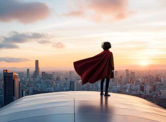 Fototapeta premium young girl in superhero costume stands on rooftop, gazing at sunset over city skyline. Her red cape billows in wind, embodying courage and adventure
