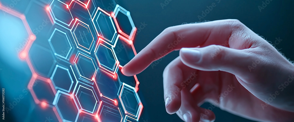 Poster hand interacting with digital hexagonal interface, showcasing technology and innovation. glowing hex