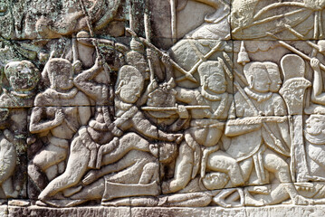 Bas-relief Sculpture at Bayon temple in Angkor Thom, Siem Reap, Cambodia.