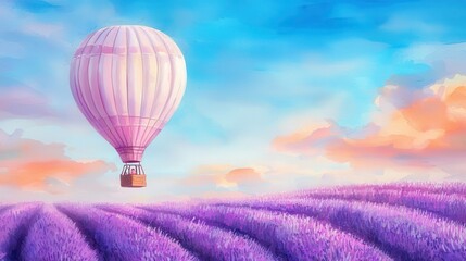 Fototapeta premium A colorful hot air balloon floating over vibrant lavender fields at sunset.