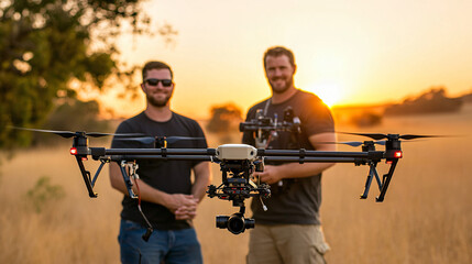 drone pilot team in savanna sunset