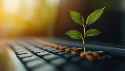Concept of growth and innovation in business development with plant on keyboard