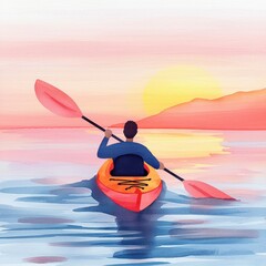 A person kayaking at sunset, enjoying tranquil waters and beautiful landscape.