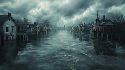 coastal town submerged by flooding ocean waters reflecting the urgent impact of climate change depicted in dark tones that evoke a sense of urgency and emotion in a digital painting format