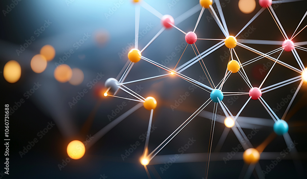 Poster abstract human network with colorful nodes and connections, representing social media concepts and d