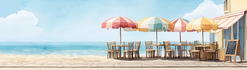 Beachside cafe with colorful umbrellas, calm ocean, relaxing seaside atmosphere.