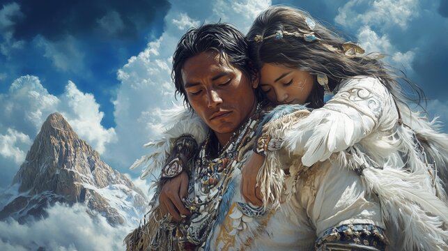 Native couple embracing in front of snowy mountain