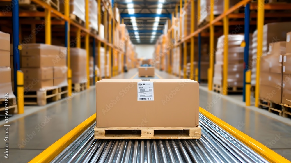 Poster high-tech industrial warehouse with automated machinery and safety protocols - efficient conveyor be