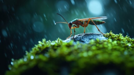 A wasp stands on a mossy rock in the rain, showcasing nature's resilience, AI