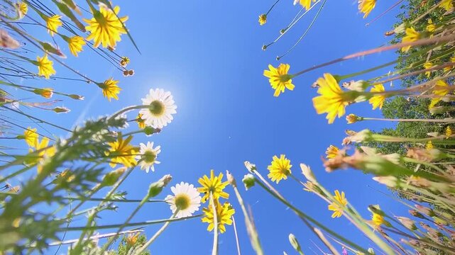 Vibrant yellow wildflowers viewed from a low angle against a clear blue sky background. A sunny and cheerful natural scene capturing the essence of spring.