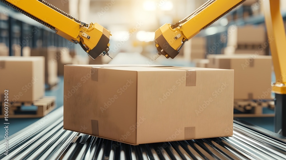 Poster automated industrial warehouse with conveyor belts and safety protocols - streamlined logistics in a