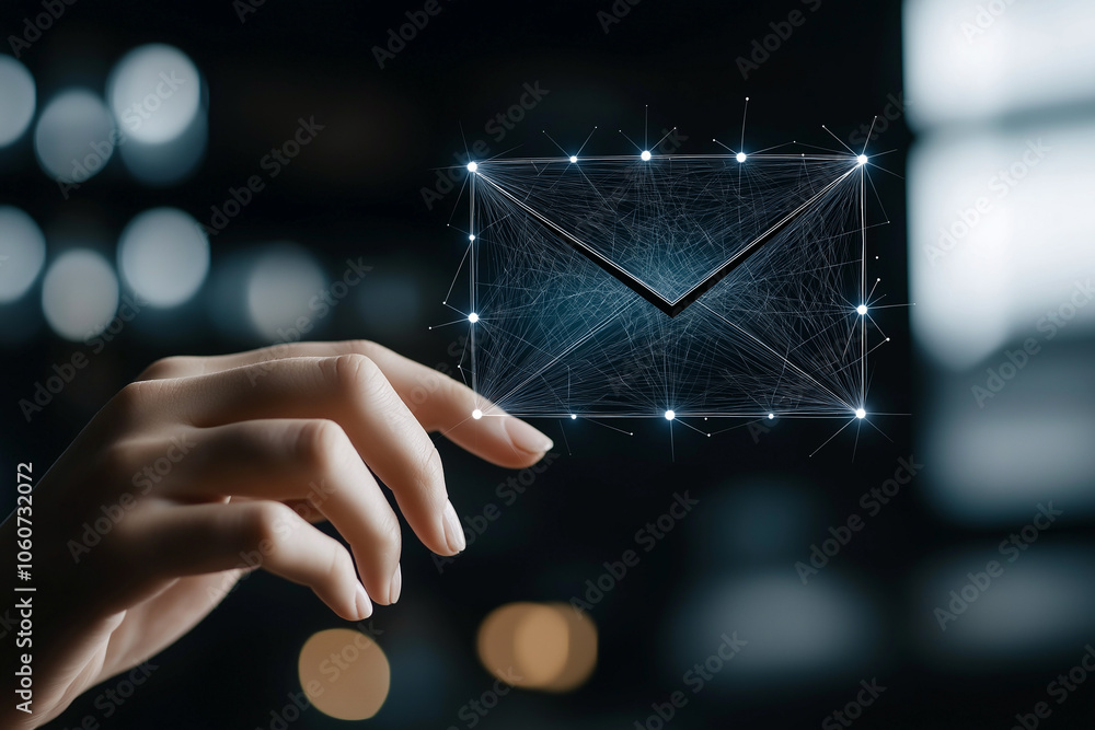 Poster hand holding digital envelope symbolizing advanced email technology and communication. image conveys