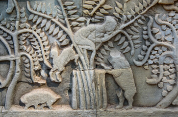 Bas-relief Sculpture at Bayon temple in Angkor Thom, Siem Reap, Cambodia.