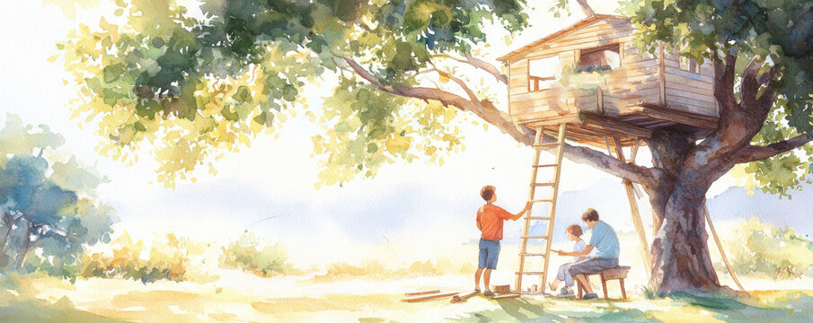 Children enjoying building a treehouse in a sunny outdoor setting.