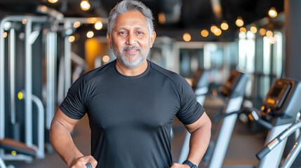 Fototapeta premium fit elderly man with gray hair and beard smiles confidently in modern gym, showcasing healthy lifestyle. His athletic attire and gym equipment in background emphasize fitness and well being