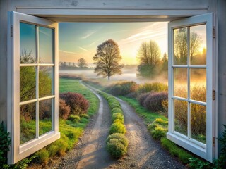 Through a white window, a winter's tale unfolds - misty meadow, gravel path, and a resilient green bush.