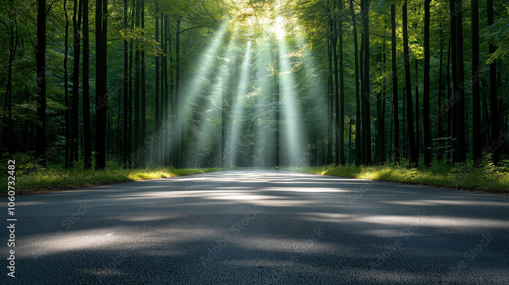 Poster serene forest road illuminated by sunlight filtering through trees, creating peaceful atmosphere. mi