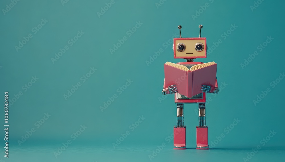 Poster a robotic cyborg reading a book against a blue background with space for text
