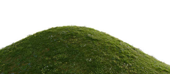 Grassy hill with flowers on a transparent background