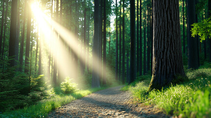 Naklejka premium serene forest scene featuring dirt road illuminated by sunlight filtering through tall trees, creating peaceful atmosphere