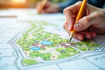 close up hand of a male architect designer draws a city park project with colored pencils