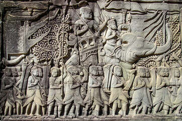 Bas-relief Sculpture at Bayon temple in Angkor Thom, Siem Reap, Cambodia.