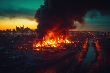Aerial View of a Large Industrial Fire at Sunset