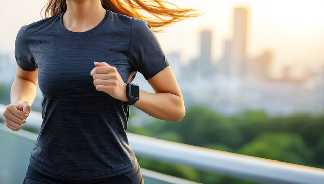 woman in sportswear runs at sunset, showcasing determination and energy. city skyline in background adds to vibrant atmosphere of her workout - Powered by Adobe