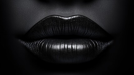 Close-up of shiny black lips in monochromatic setting