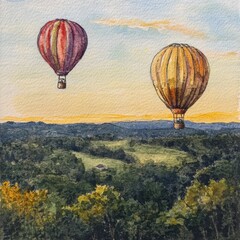 Naklejka premium Colorful hot air balloons soar over a beautiful landscape at sunset.