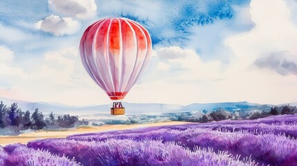 Fototapeta premium Colorful hot air balloon flying over blooming lavender fields under a blue sky.