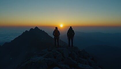Fototapeta premium Two hikers celebrate achievement at mountain peak during a breathtaking sunrise