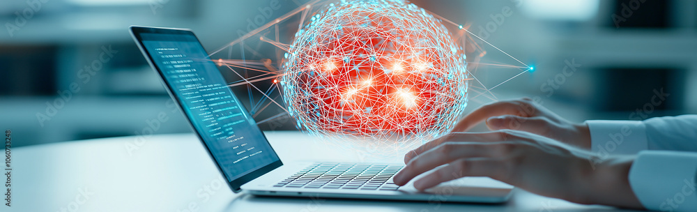 Poster businessman using laptop with digital network visualization. image showcases technology, innovation,