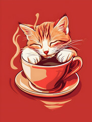 A cute illustration of a sleeping cat nestled in a coffee cup, exuding warmth and comfort.