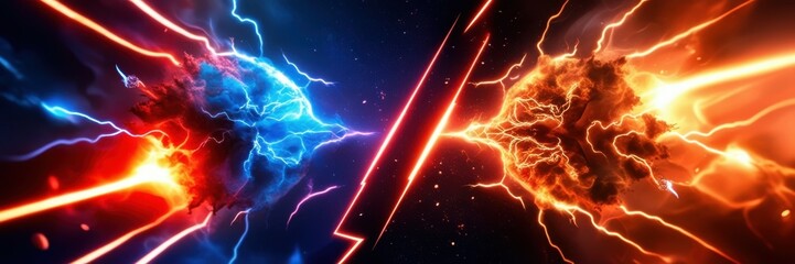 Electrical energy clash, fiery orange vs icy blue lightning, abstract background, intense power struggle, electrifying forces collide, dynamic plasma tendrils, cosmic energy battle, high contrast, vib