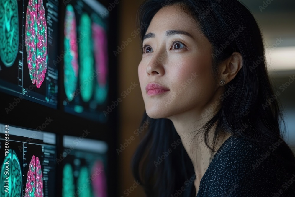 Poster woman looking up at brain scans on a computer screen