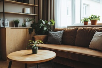 Fototapeta premium Discover a cozy and inviting apartment designed with warm colors and stylish yet affordable furnishings, ideal for newcomers who aim to cultivate a comfortable and welcoming home environment