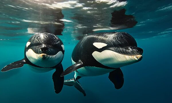 Two orcas swimming gracefully underwater.