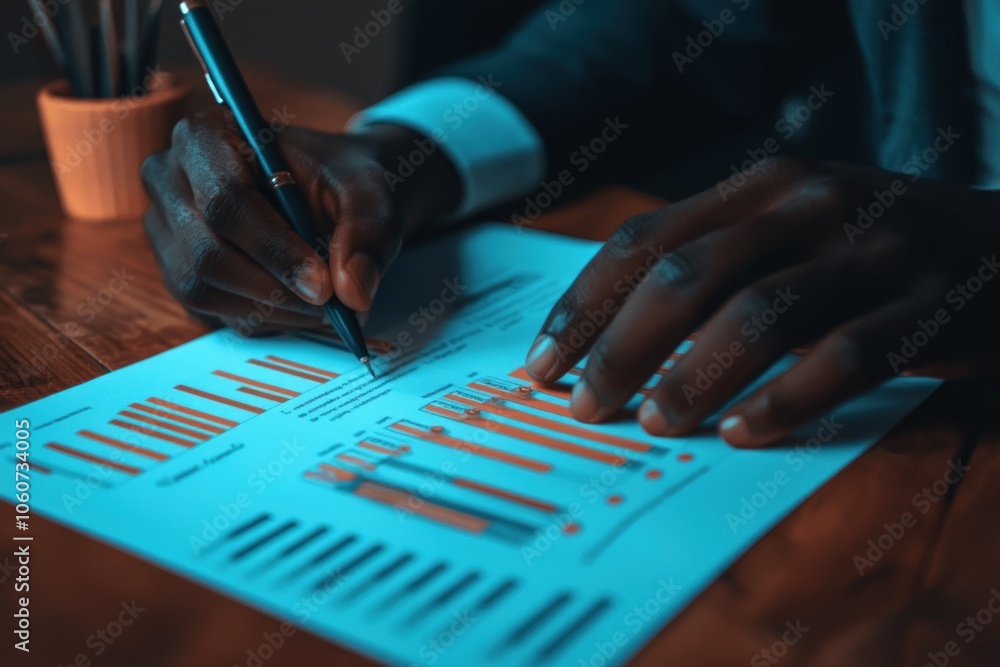 Poster Person Analyzing Data with a Pen and Bar Graph