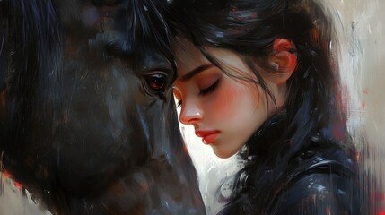 Woman and black horse emotional bond close up
