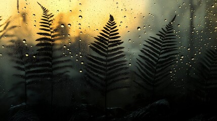 Many hazy and blurred ferns behind foggy glass with water drops on it