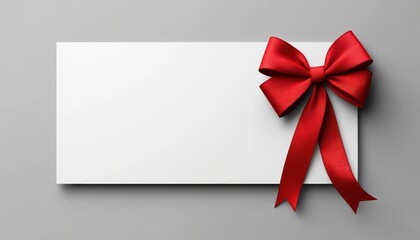 Blank white gift voucher with a red ribbon bow on a gray background