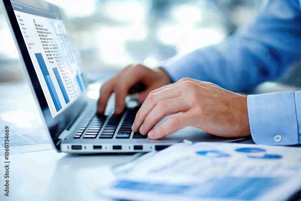 Poster a man's hands typing on a laptop with financial data on screen