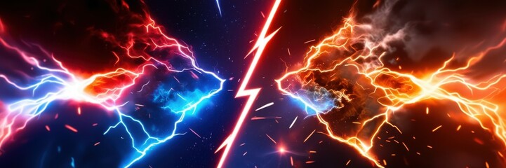 Electrical energy clash, fiery orange vs icy blue lightning, abstract background, intense power struggle, electrifying forces collide, dynamic plasma tendrils, cosmic energy battle, high contrast, vib
