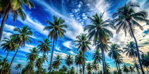 Tropical Paradise: Silhouette of Coconut Trees Against a Blue Sky