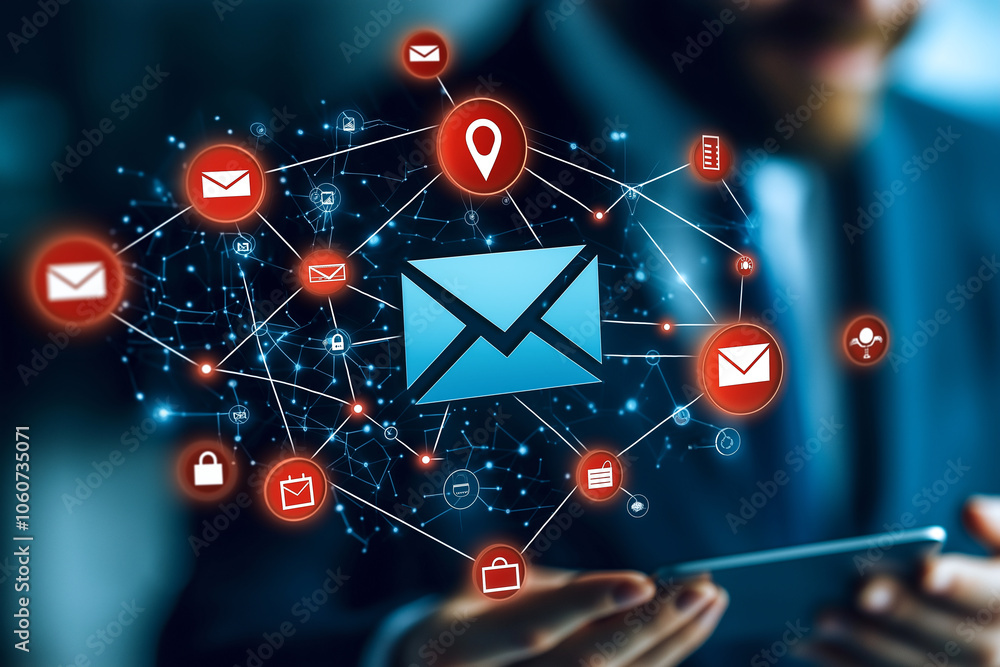 Poster cyber themed visualization of email data encryption, showcasing interconnected email icons and secur